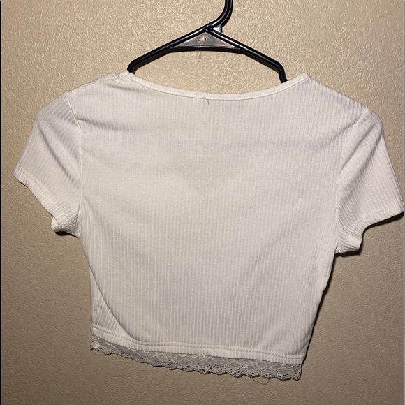 White V-Neck Crop Top with Lace Trim - Picture 2 of 2